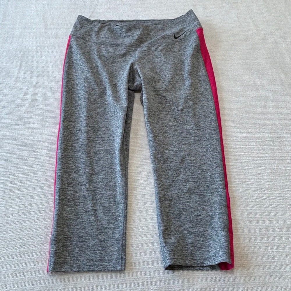 Nike Dri-FIT Gray Heather Pink Stripe Crop Leggings 802948-092 Womens Large